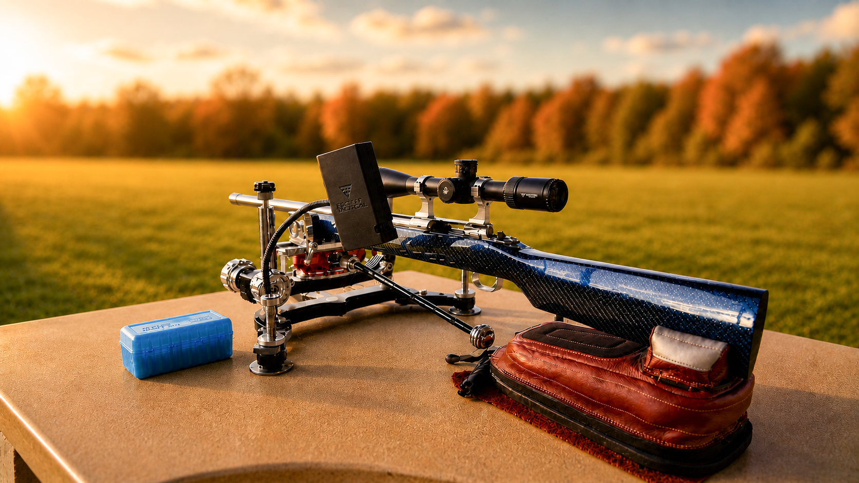 A custom GT Accuracy rifle on the bench at golden hour
